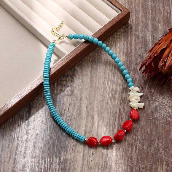 Turquoise Bead Necklace Women Adjustable Bohemian Shell Jewelry - Picture 3 of 7